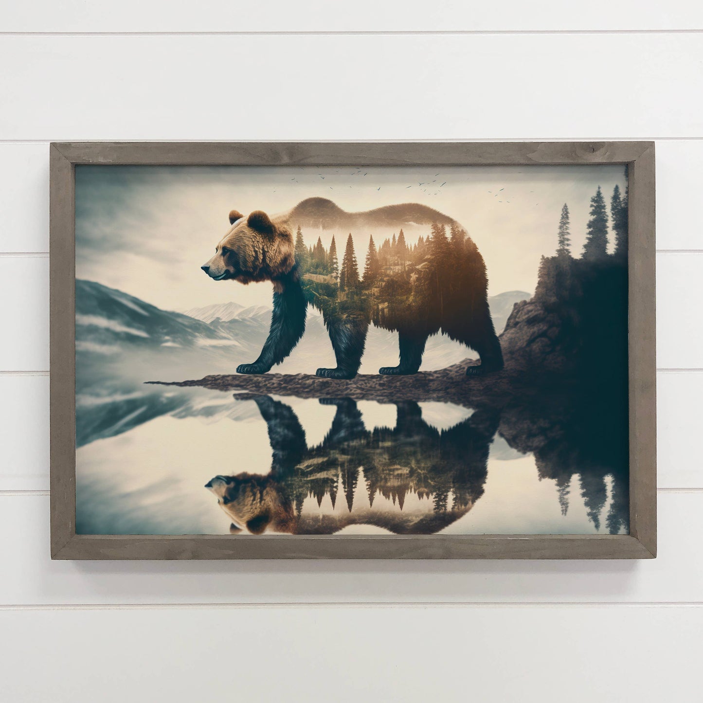 Bear Double Exposure - Cabin Wall Art - Wood Framed Photo