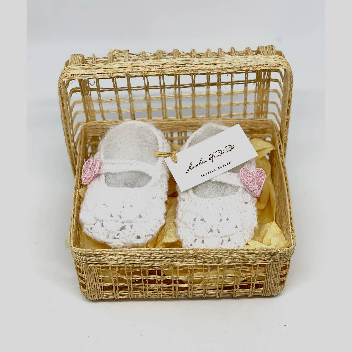 Pink Heart Mary Jane Crocheted Booties In Basket