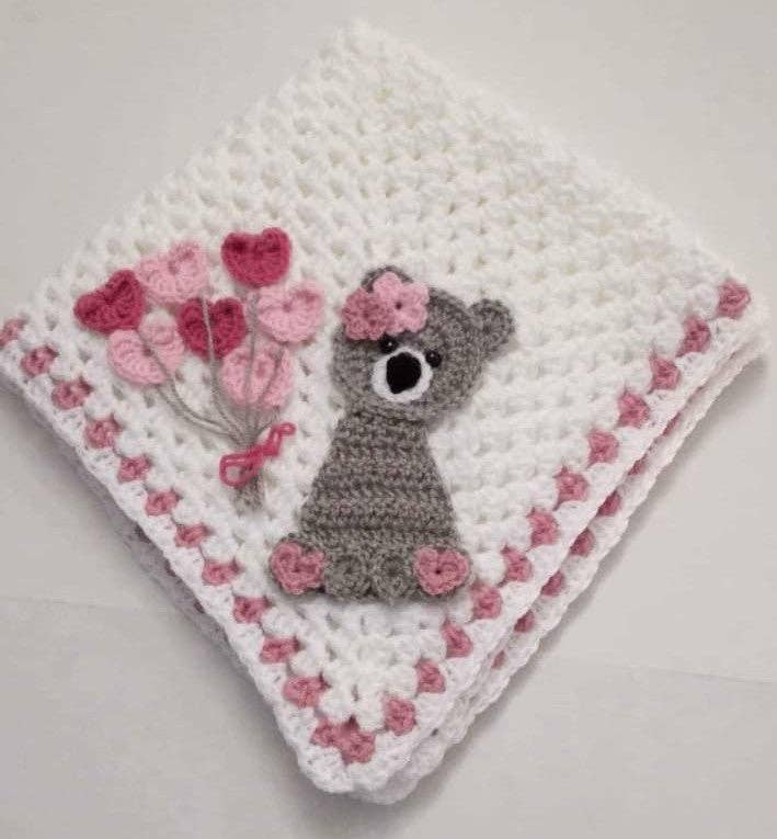 White Blanket with Bear Applique