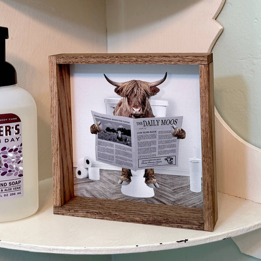 Highland Cow on Toilet Wood Frame Sign - Funny Bathroom Art