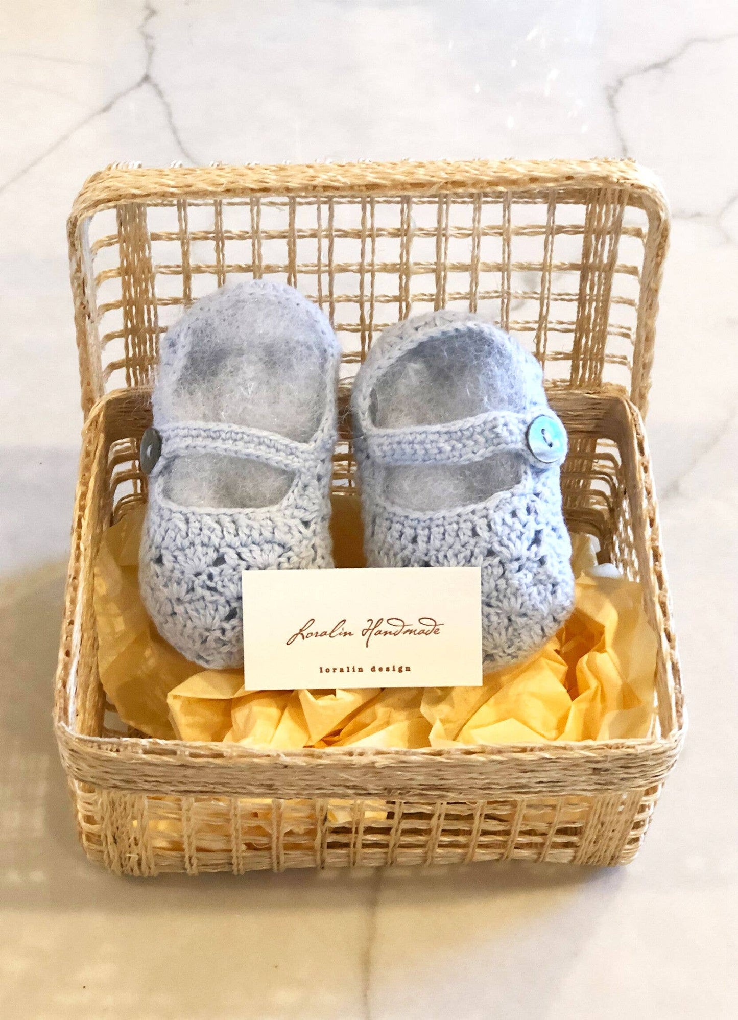 Light Blue Mary Jane Crocheted Booties in Basket