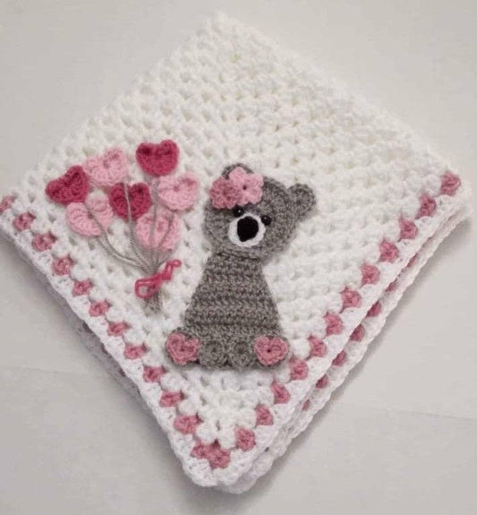 White Blanket with Bear Applique