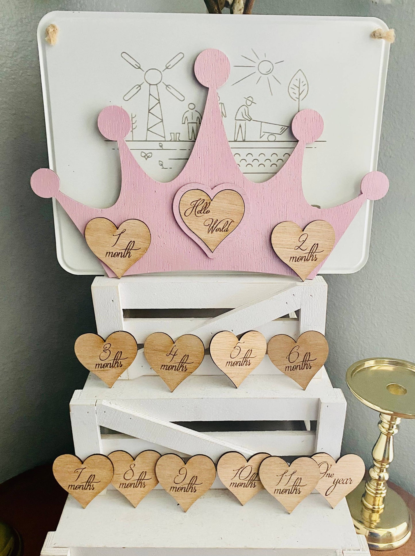 14 Piece Handmade Wood Princess Tiara Baby Milestone Se