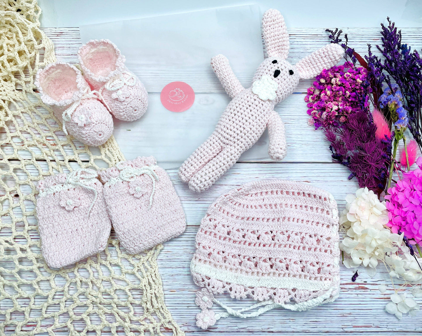 Handmade Crochet Baby Booties, Bonnet, Mittens, Kitty Toy fo